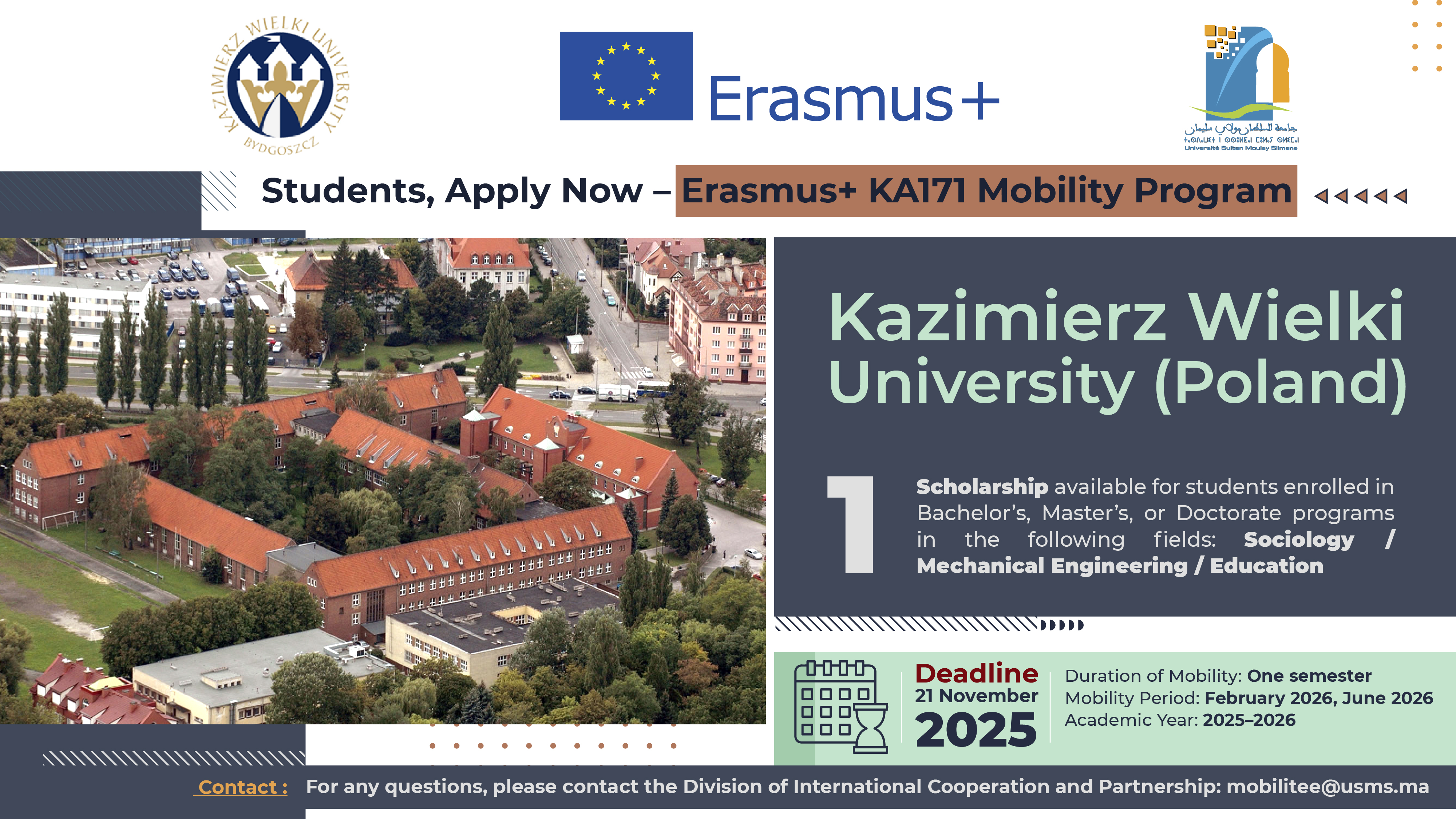Call for Applications for Students – Erasmus+ KA171 Mobility Program – Kazimierz Wielki University (Poland)