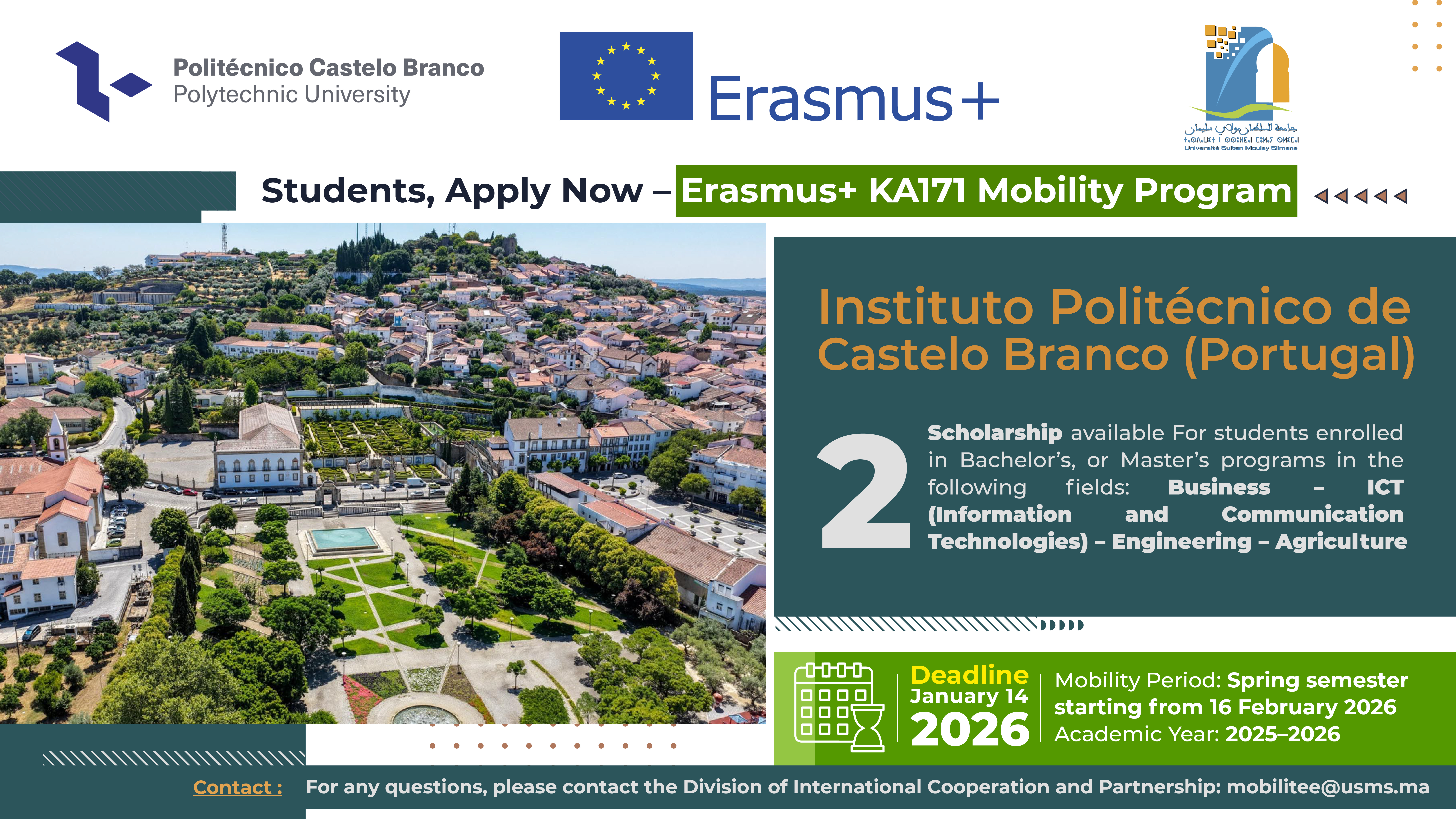Call for Applications for Students – Erasmus+ KA171 Mobility Program – Instituto Politécnico de Castelo Branco (Portugal)