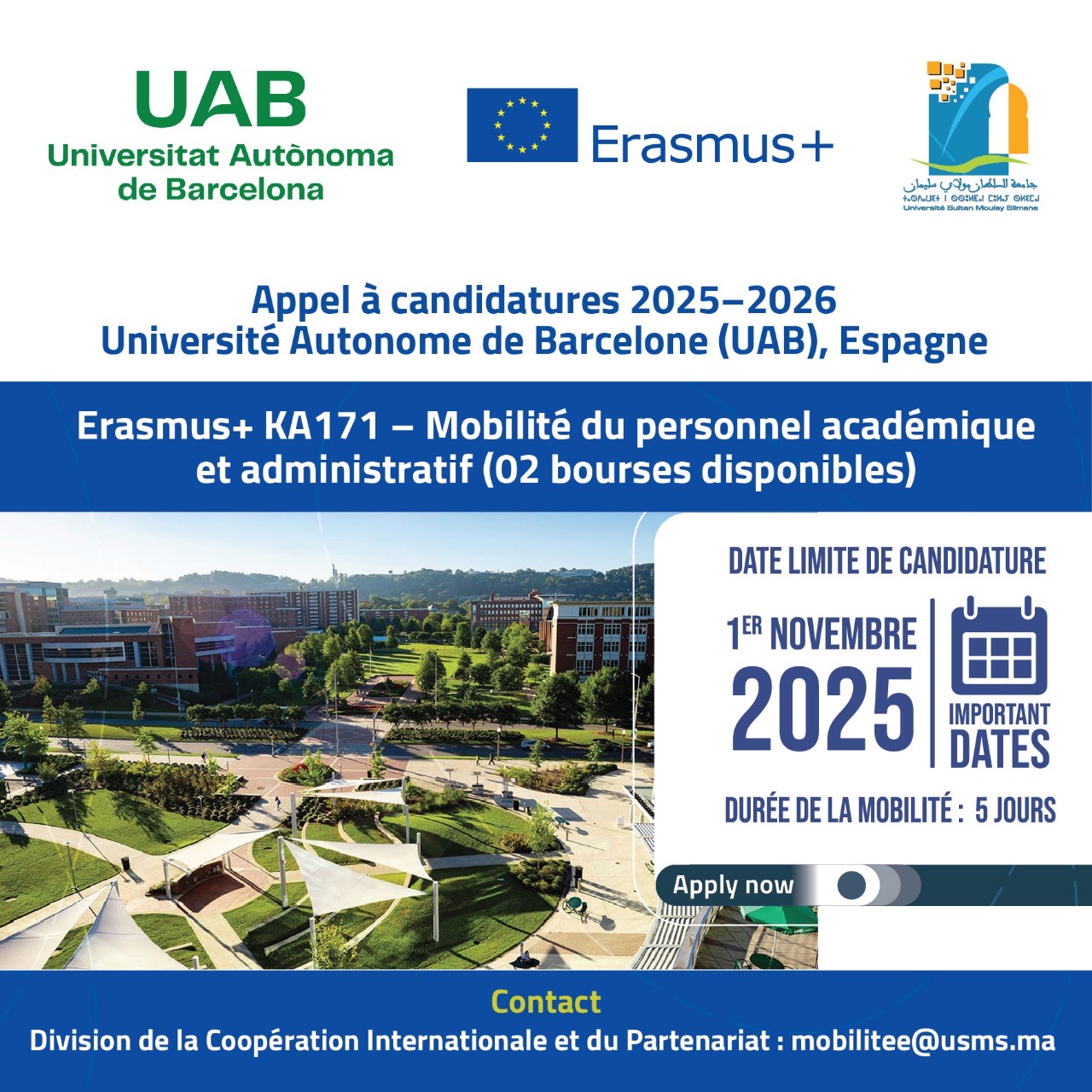 Mobilité Erasmus+ KA171 (STAFF Teaching / Training) – Université Autonome de Barcelone (UAB)