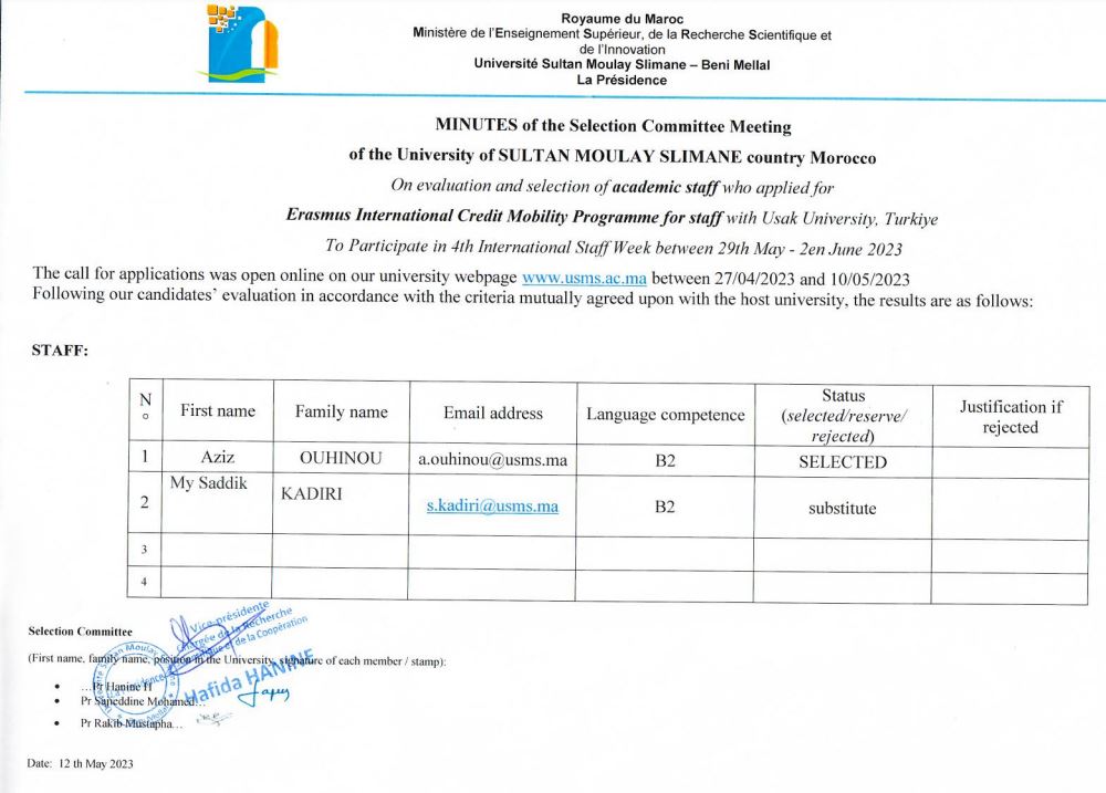 Résultats de l'appel à candidatures du programme de mobilité Erasmus+ avec « Uşak University » en Turquie pour le personnel Académique 2023-2024