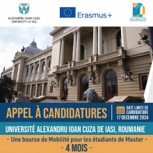 Appel à candidatures pour une bourse de mobilité aux étudiants de Master : Université Alexandru Ioan Cuza de Iași, Roumanie